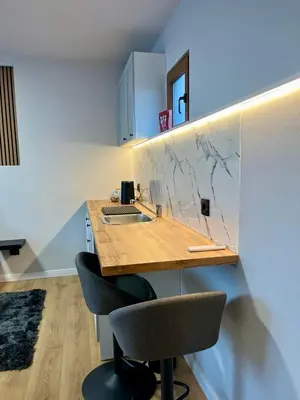 a kitchen with a counter with a sink and two chairs at Surčin Grape Vine Apartments in Surčin