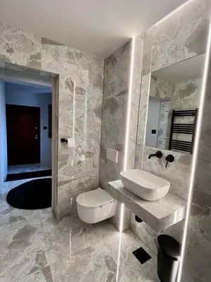 a bathroom with a toilet and a sink and a mirror at Surčin Grape Vine Apartments in Surčin