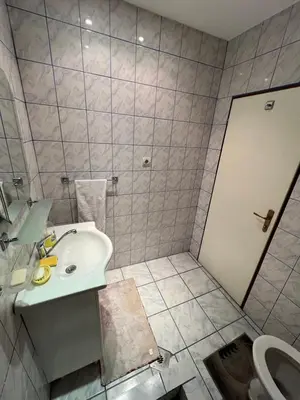a bathroom with a sink and a toilet at Bed and Shower Alone in Belgrade