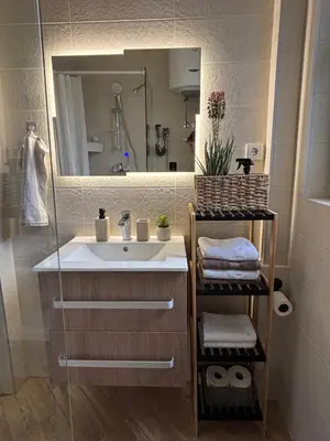 a bathroom with a sink and a mirror at Apartment 5th in Belgrade