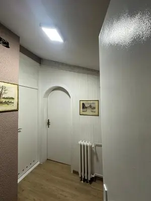 a hallway with a white door and a radiator at Apartman Riven in Borča