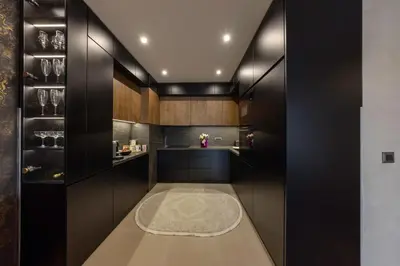 a small kitchen with black cabinets and a rug at Casa Novi Dorcol Belgrade 2 in Belgrade