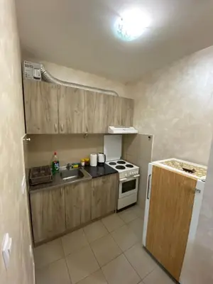 a small kitchen with a sink and a stove at Perisic Apartman Obrenovac, sa parkingom in Obrenovac