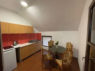 a kitchen with a table and chairs in a room at Bellmatini 07 in Tošin Bunar