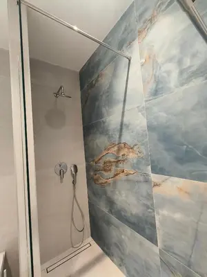 a shower in a bathroom with a painting on the wall at Sky Terrace Belgrade in Belgrade