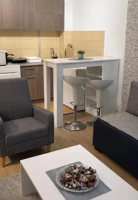 a living room with a table and a kitchen at Boost Stay Apartment 1 in Belgrade