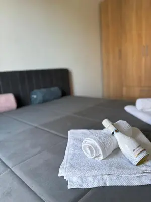 a roll of toilet paper sitting on top of a bed at Boost Stay Apartment 1 in Belgrade