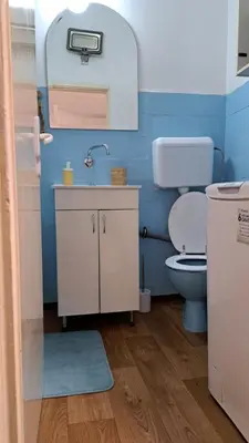 a bathroom with a toilet and a sink and a mirror at Industrial 29N in Belgrade