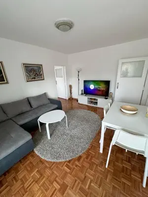a living room with a couch and a table and a tv at Apartman Dedinje - Hyde Park in Belgrade