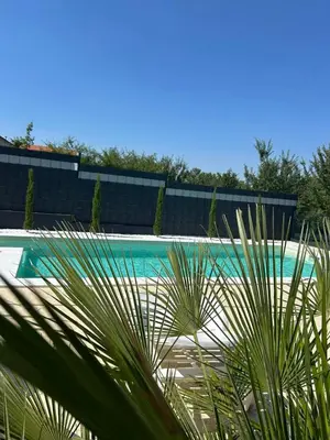 a swimming pool with palm trees in the foreground at Elysium Garden in Belgrade