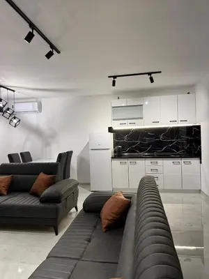 a living room with two couches and a kitchen at Elysium Garden in Belgrade