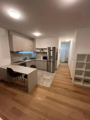 a large kitchen with a table and chairs in a room at Krfska Lux by Magenta in Belgrade