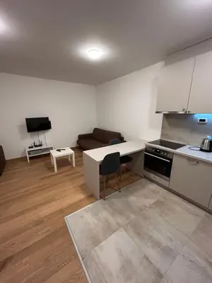 a kitchen and living room with a table and a couch at Krfska Lux by Magenta in Belgrade