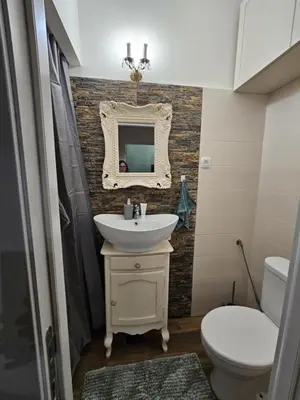 a bathroom with a sink and a toilet and a mirror at Studio Suzi in Belgrade