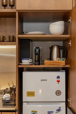 a refrigerator in a kitchen with a shelf at Chic NEW IvoLola Studio YU modern design gem in Belgrade