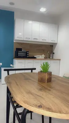 a wooden table with a potted plant on top of it at Modern studio in center of Belgrade in Belgrade