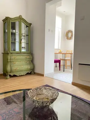 a green cabinet in a living room with a glass table at City center salon-style apartment free parking in Belgrade