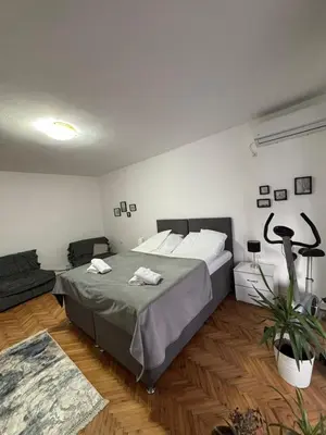 a bedroom with a large bed and a couch at Apartmani IDILA in Smederevo
