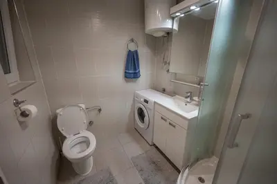 a bathroom with a toilet and a sink and a washing machine at Dove's Nook - A Stylish City Center Retreat in Belgrade