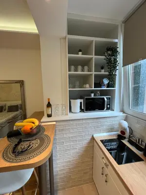 a kitchen with a counter with a sink and a microwave at Studio Ramonda - City Center Dorcol - with Free Parking in Belgrade