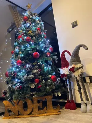 a christmas tree with a toy dinosaur next to it at Ritual splav in Belgrade