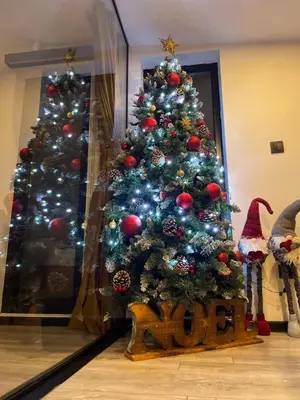 a christmas tree with ornaments in a room at Ritual splav in Belgrade