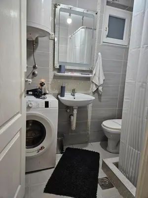 a bathroom with a washing machine and a sink at Apartman Helena 2 in Lazarevac
