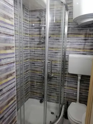a bathroom with a shower and a toilet at Small low cost studio Dorcol in Belgrade