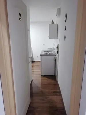 a hallway with white walls and wooden floors at Small low cost studio Dorcol in Belgrade