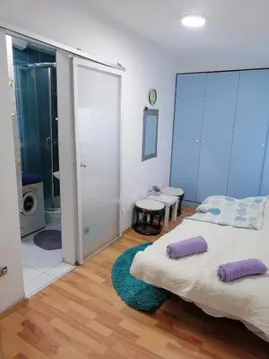 a bedroom with two beds and a bathroom at Small low cost Dorcol in Belgrade