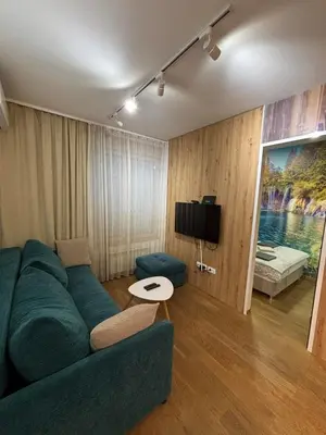 a living room with a green couch and a tv at Exing Prime 65 New Belgrade in Belgrade