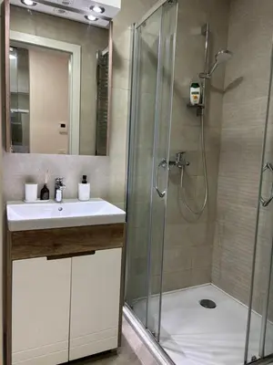 a bathroom with a sink and a shower at Exing Prime 65 New Belgrade in Belgrade