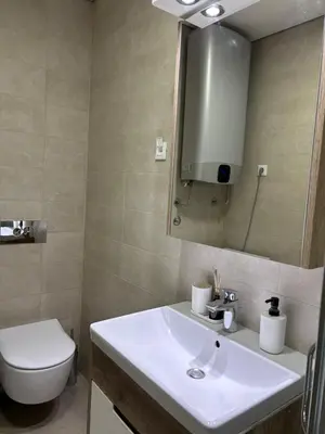 a bathroom with a sink and a toilet and a mirror at Exing Prime 65 New Belgrade in Belgrade