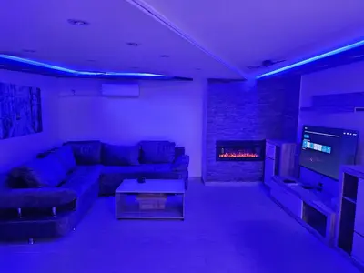 a living room with a couch and a fireplace at Rabit delux I in Belgrade