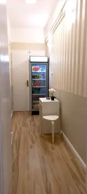 a room with a refrigerator and a table with flowers at Rooms & Apartments Miavik in Belgrade