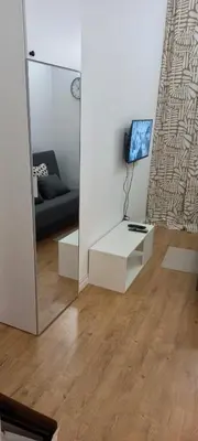 a living room with a couch and a mirror at Rooms & Apartments Miavik in Belgrade