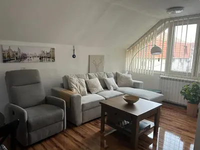 a living room with a couch and a chair and a table at Apartman Malena in Belgrade