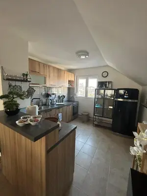 a large kitchen with wooden cabinets and a counter top at Apartman Malena in Belgrade