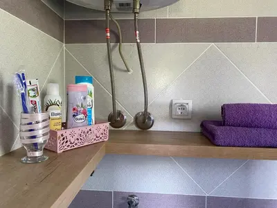 a bathroom with a shelf with toothbrushes and cosmetics at Apartman LIMA in Belgrade