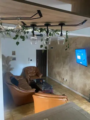 a living room with couches and a tv on a wall at Apartman LIMA in Belgrade