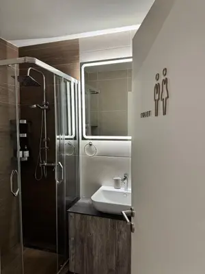 a bathroom with a sink and a shower at Sunny Nest in Belgrade