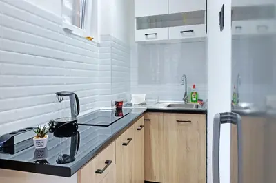 a kitchen with a sink and a counter top at Apartment Paradise Flora Centar in Belgrade