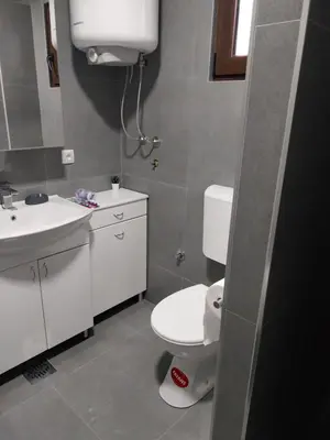 a bathroom with a white toilet and a sink at New Belgrade Apartman - Near the Airport in Belgrade