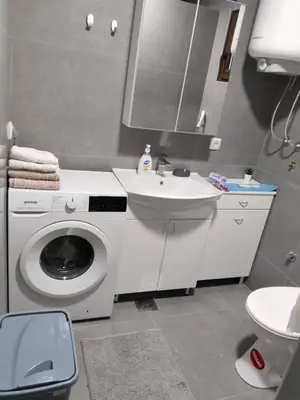 a bathroom with a washing machine and a sink at New Belgrade Apartman - Near the Airport in Belgrade