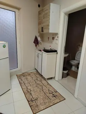 a kitchen with a rug on the floor at STAN NA DAN - Garsonjera PRAMAC in Žarkovo