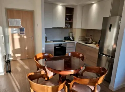 a kitchen with a table and chairs and a refrigerator at Beograd Waterfront Verde in Belgrade
