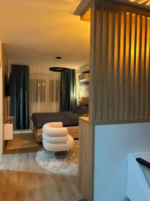 a living room with a bed and a chair at Diamond airport JACUZZI&SAUNA apartman Ledine in Ledine