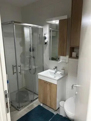 a bathroom with a shower and a sink and a toilet at Diamond airport JACUZZI&SAUNA apartman Ledine in Ledine
