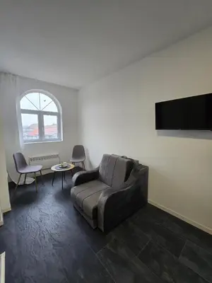 a living room with a couch and a flat screen tv at Stari Vuk in Belgrade