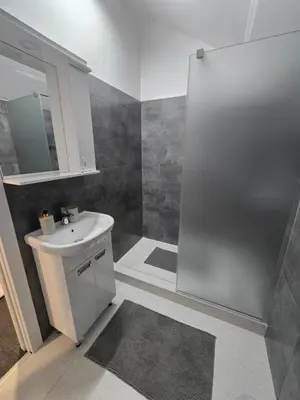 a bathroom with a sink and a shower at Stari Vuk in Belgrade
